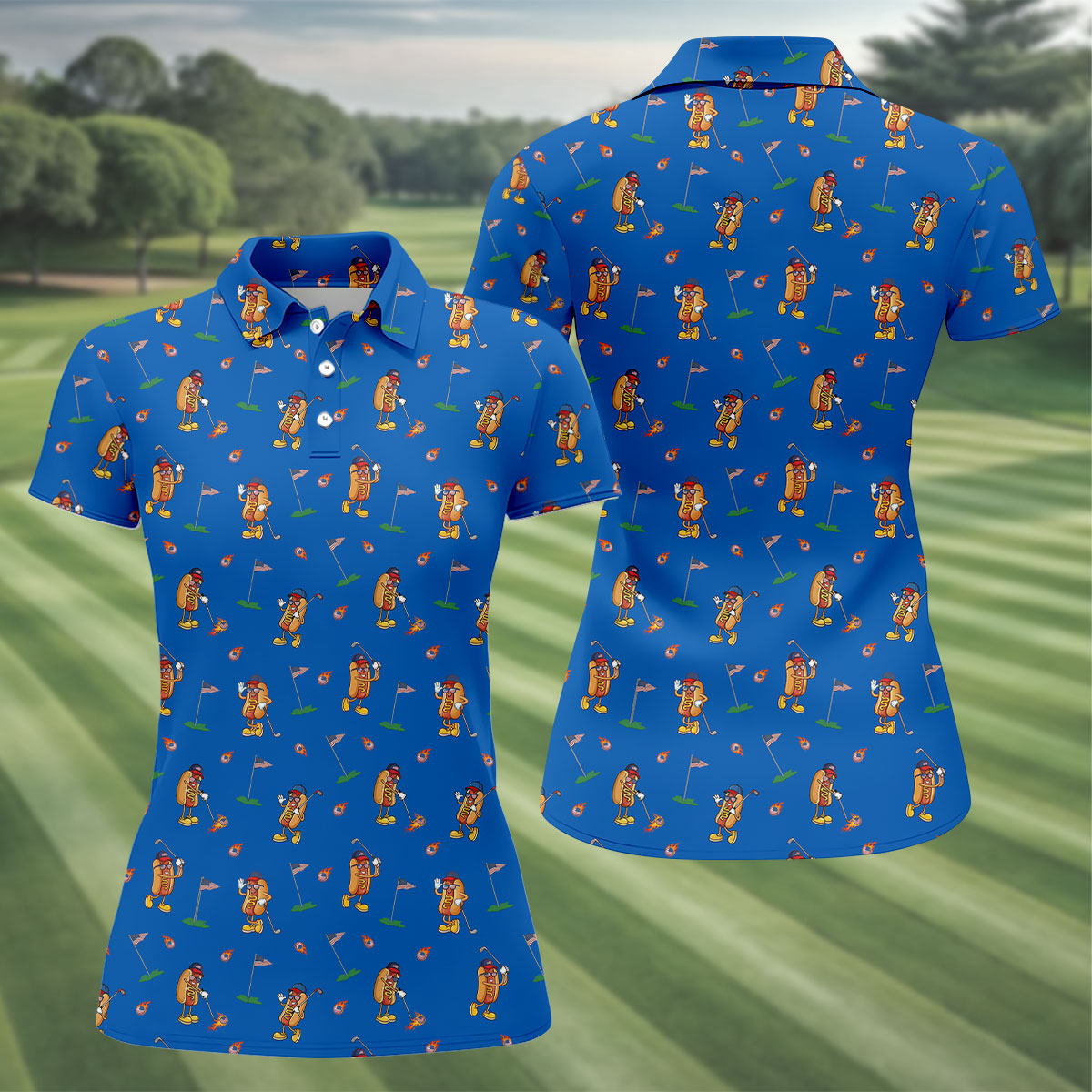 Cartoon Hot Dogs American Flag Pattern 250th Anniversary Blue Golf Shirt, Women's Golf Tops, Ladies Golf Shirt