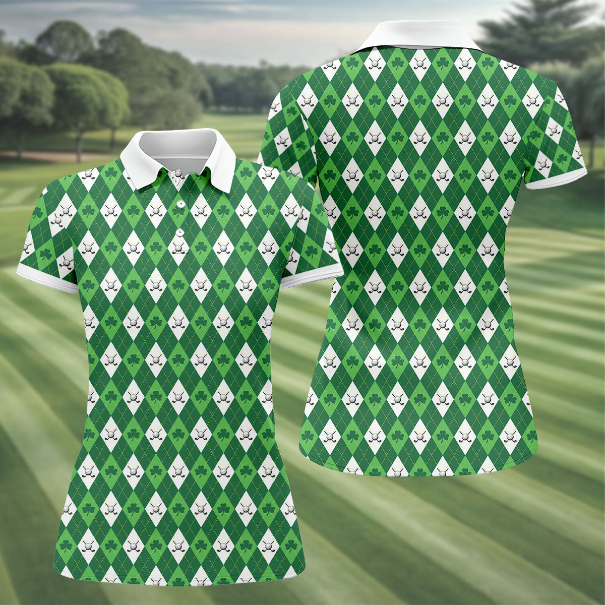 St Patrick's Day Shamrock Argyle Pattern Green And White Argyle Golf Shirt, Women's Golf Tops, Ladies Golf Polos