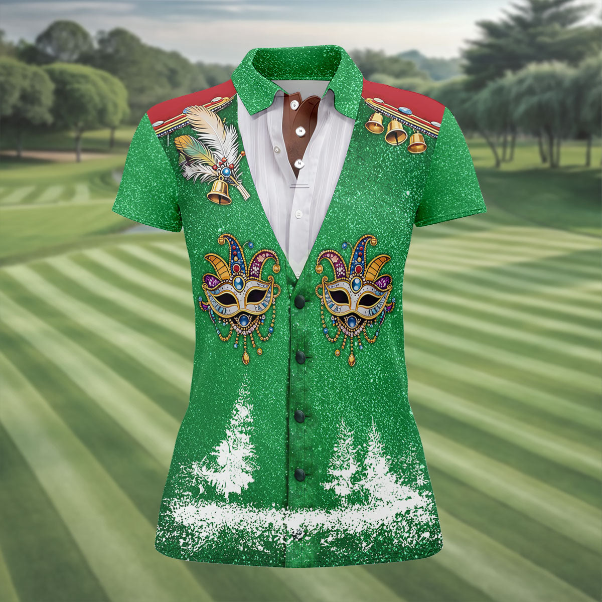 Masquerade Mask Feather Mardi Gras Glitter Print Green Golf Shirt, Women's Golf Tops, Ladies Golf Shirts