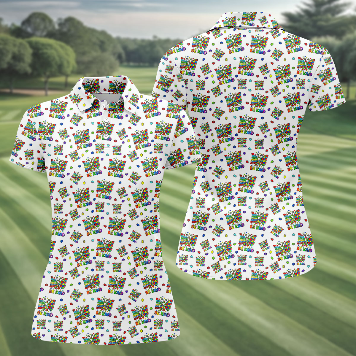 In A World Where You Can Be Anything Be Kind Rainbow Butterfly Autism Awareness White Golf Shirt, Women's Golf Tops