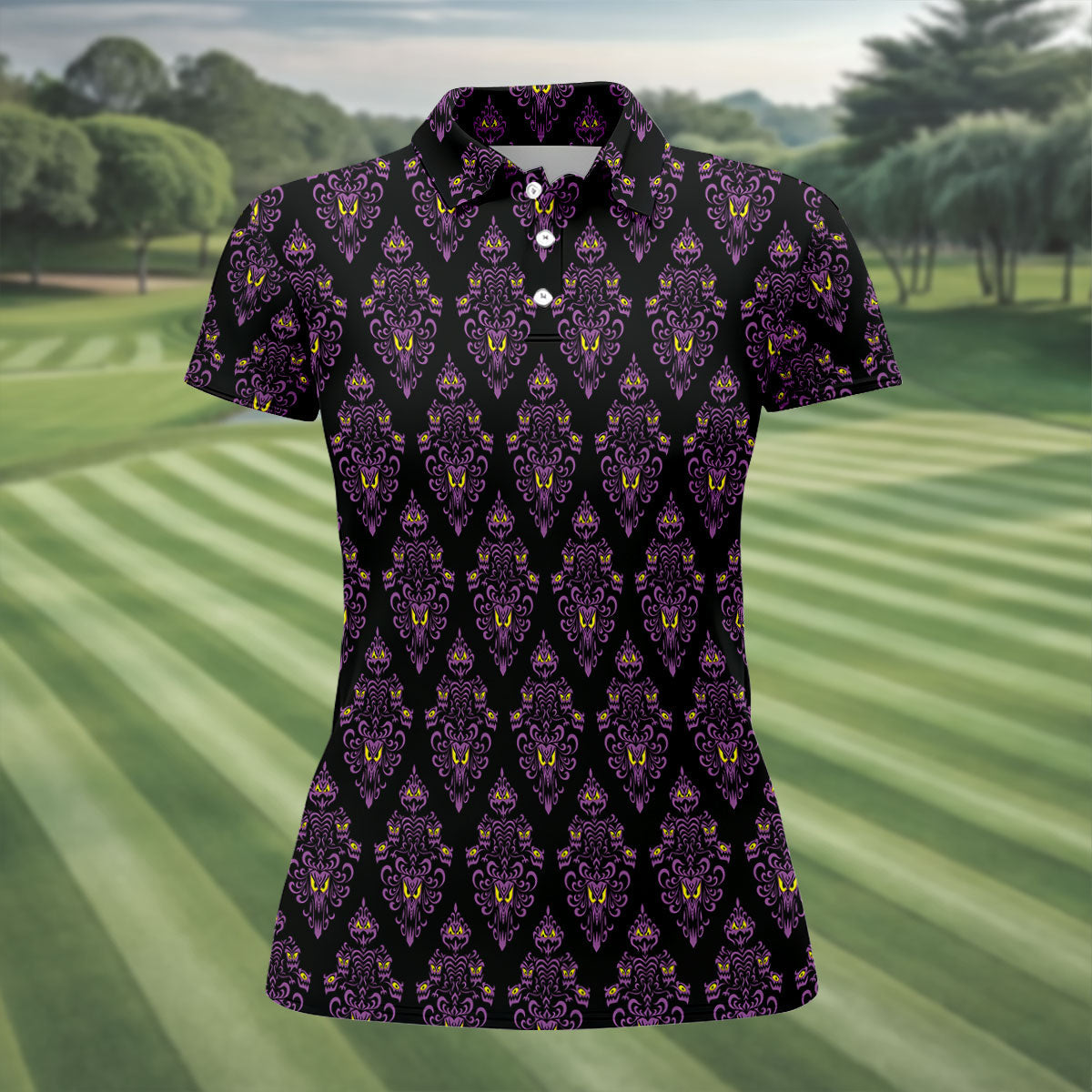 Purple Haunted Demon Faces Halloween Polo Shirt, Printed Golf Shirt, Women’s Golf Apparel