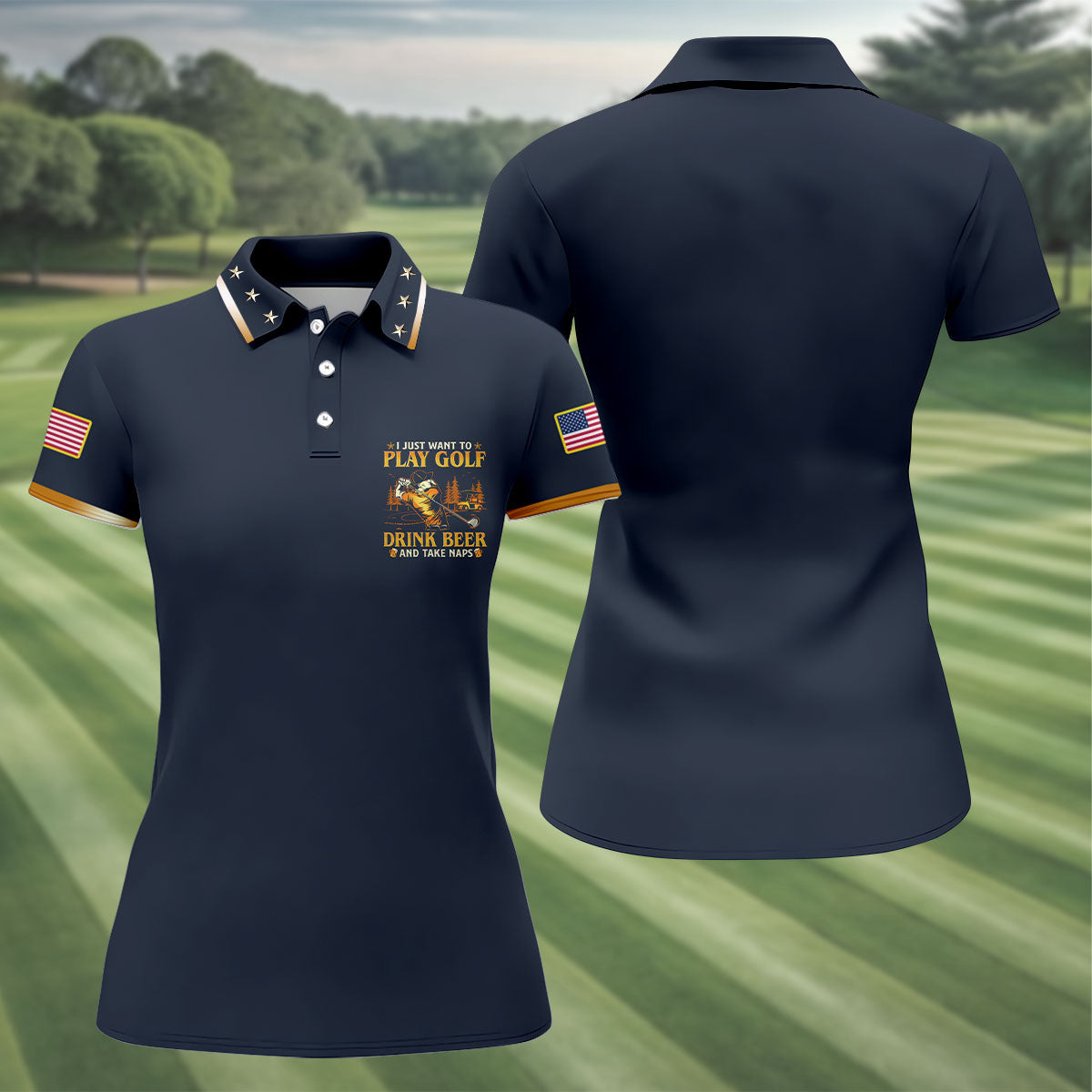 I Just Want To Play Golf Drink Beer And Take Naps Navy Golf Shirt, Fun Women's Golf Shirts