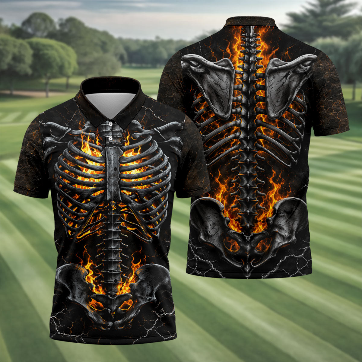 Burning Skeleton Rib Cage Halloween Polo Shirt, Mens Polo Shirts, Golf Apparel For Men