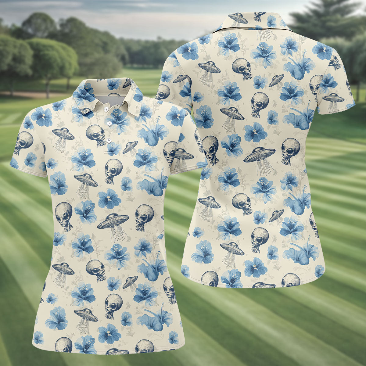 Funny Alien Blue Hibicus Tropical Theme Hawaiian Golf Shirt, Golf Shirt For Women, Golfing Apparel