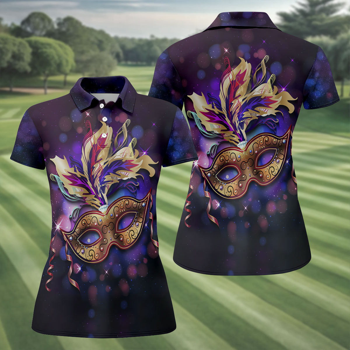 Mardi Gras Mask Feather Ribbon Purple Golf Shirt, Women's Golf Tops, Ladies Golf Shirt