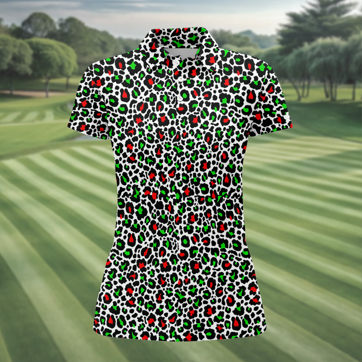 Leopard Pattern Xmas Pine Tree Green And Red Women's Golf Tops, Christmas Golf Shirt, Ladies Golf Shirts