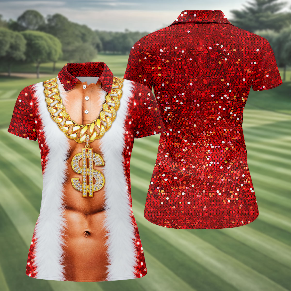 Funny Santa Gold Dollar Chain Golf Polo Shirt, Ladies Golf Shirts, Women’s Golf Apparel