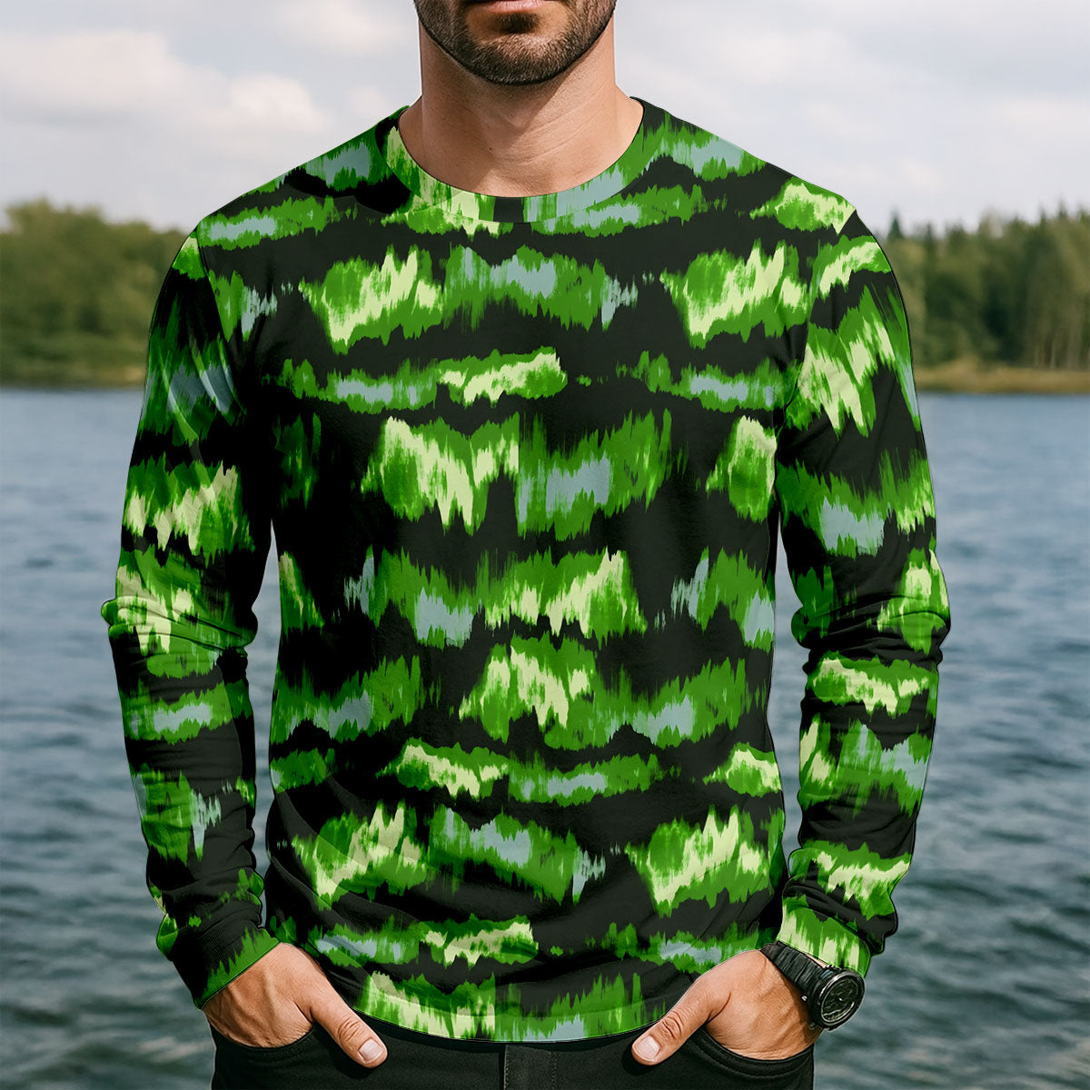 Green Ikat Pattern Fishing UPF Shirts, Long Sleeve Fishing Shirts, Fishing Shirts For Men