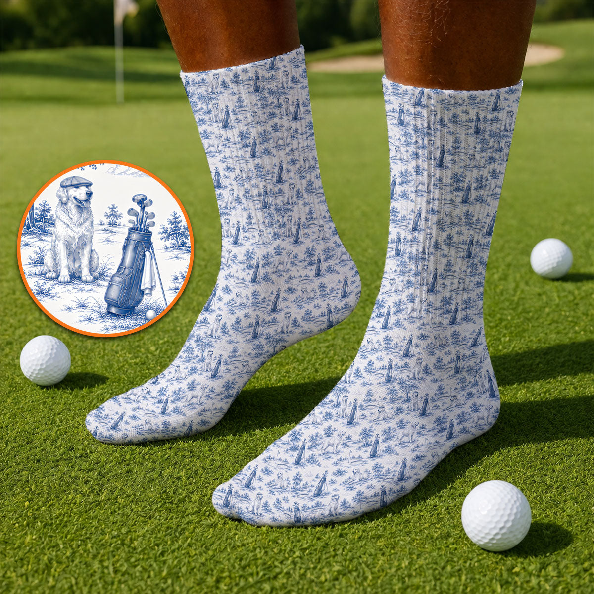 Golden Retriever Golf Sock, Toile De Jouy Golden Pattern Golf Socks, Crazy Golf Gift For Golfer