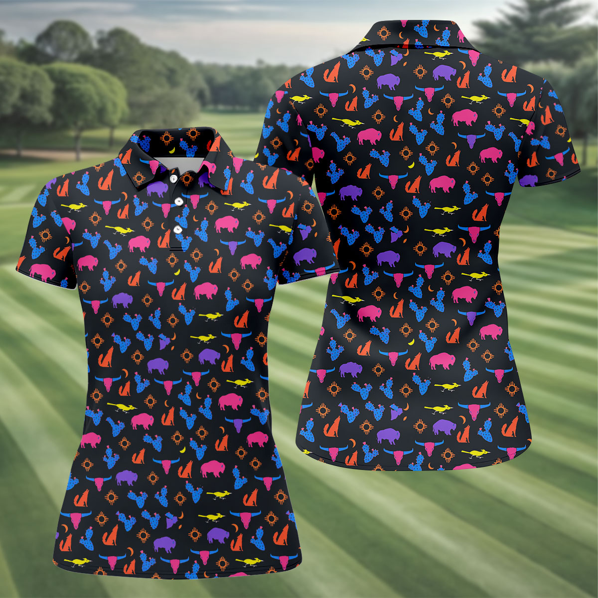 Neon Desert Cactus Buffalo Hawaiian Golf Shirt, Golf Polo For Women, Printed Golf Shirt