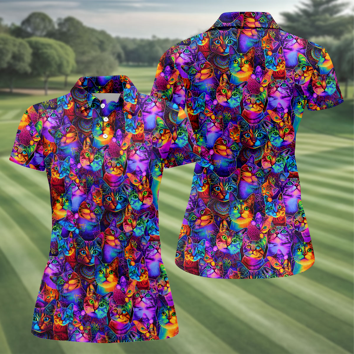 Psychedelic Cat Golf Shirt, Colorful Neon Cat Pattern, Polo Shirts For Women