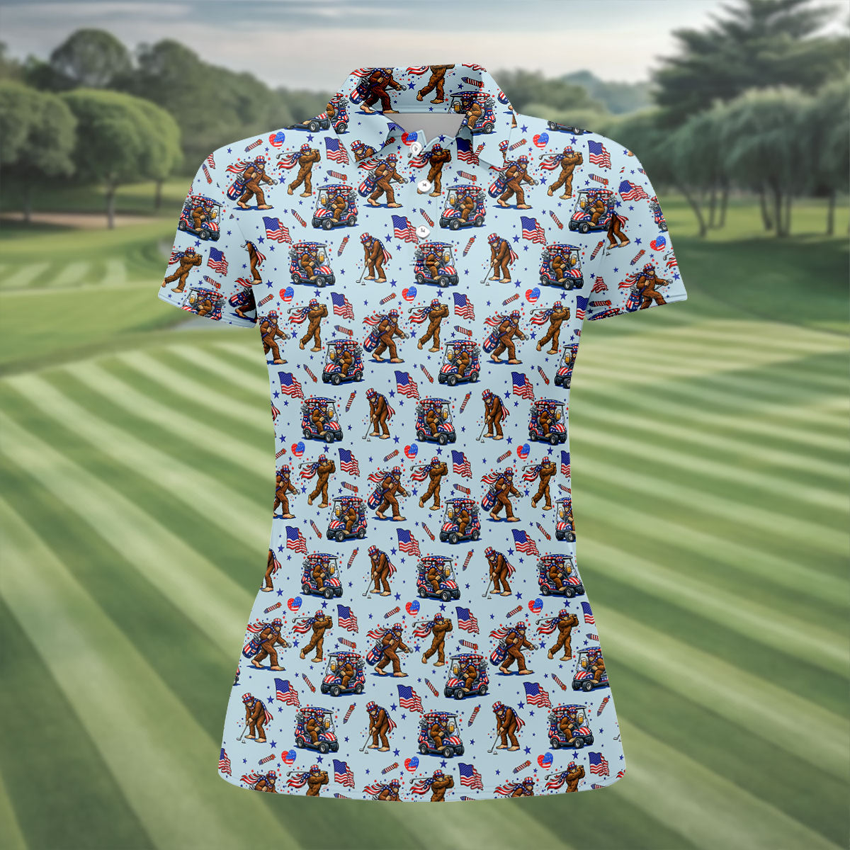 Funny Bigfoot 4th Of July American Flag Pattern Light Blue Women Golf Top, 250th Anniversary Patriotic Golf Shirt