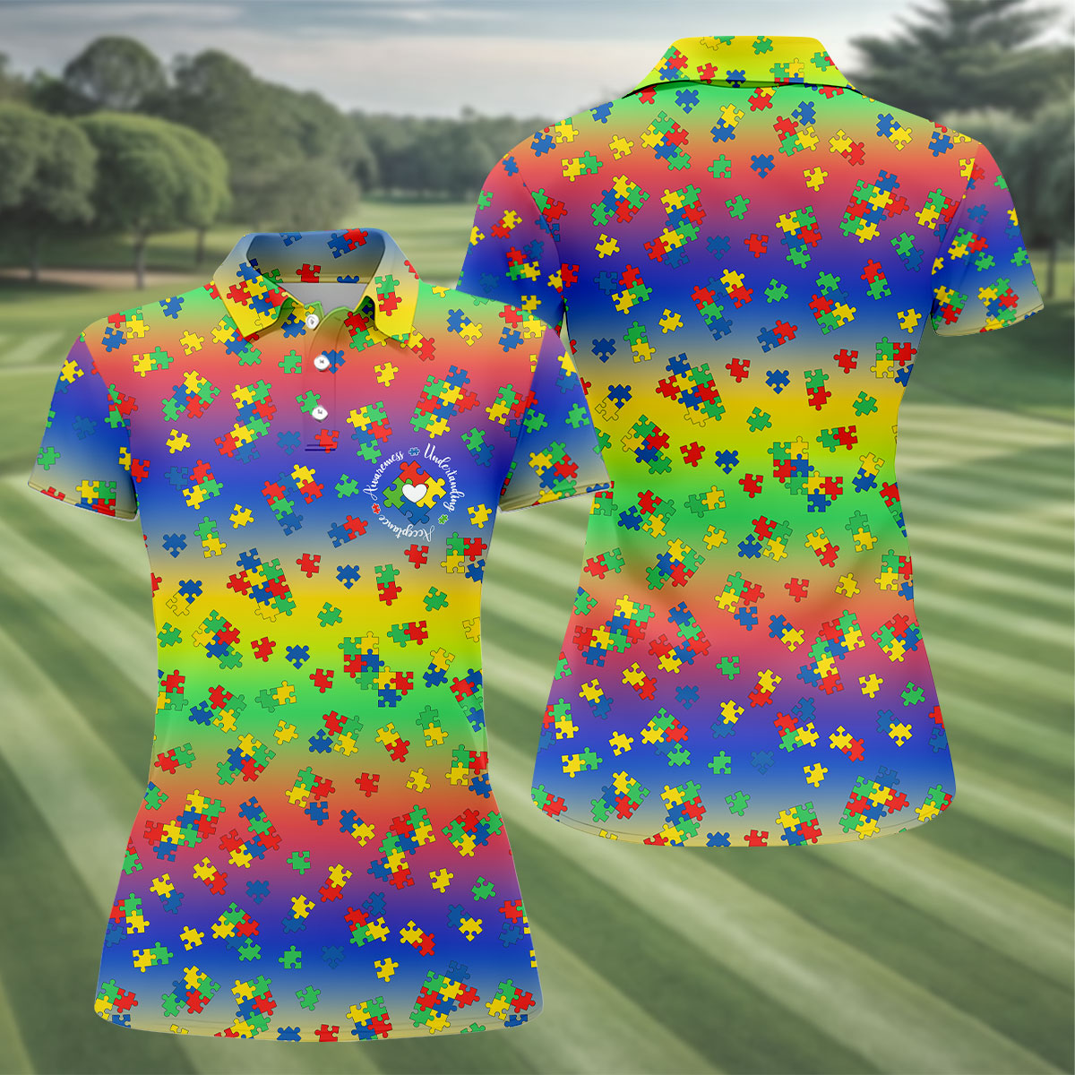 Acceptance Awareness Understanding Autism Puzzle Rainbow Gradient Women's Golf Shirts, Ladies Golf Polos