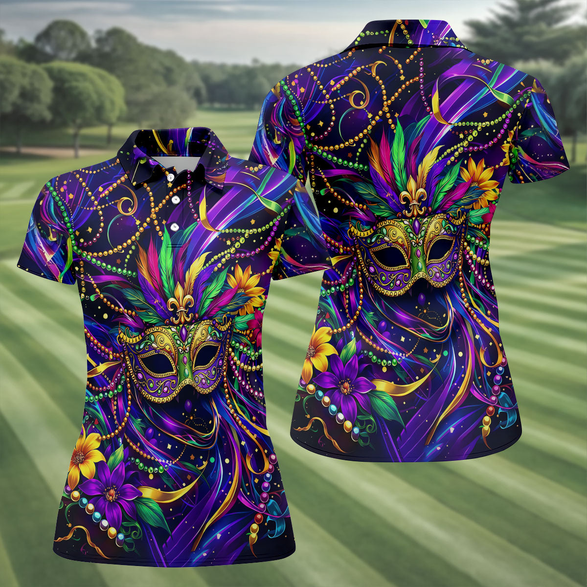 Mardi Gras Beads Ribbons Feather Masquerade Mask Print Golf Shirt, Polo Shirts Womens, Ladies Golf Shirt