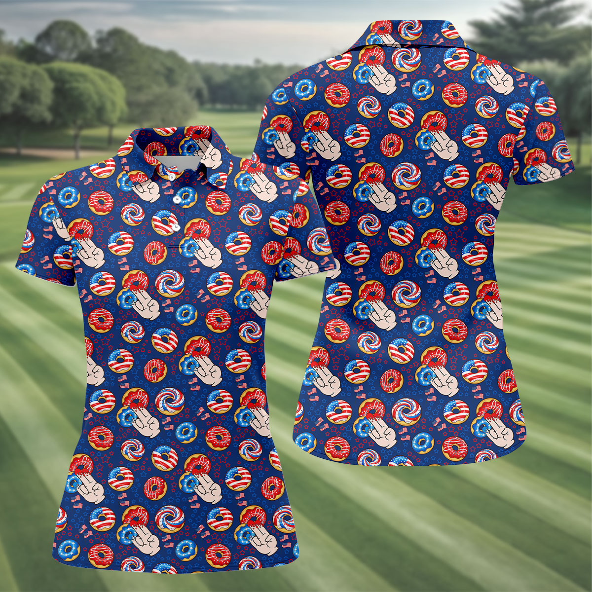 Donut Finger Funny Dirty American Flag Pattern Blue Women Golf Top, 250th Anniversary Patriotic Golf Shirt