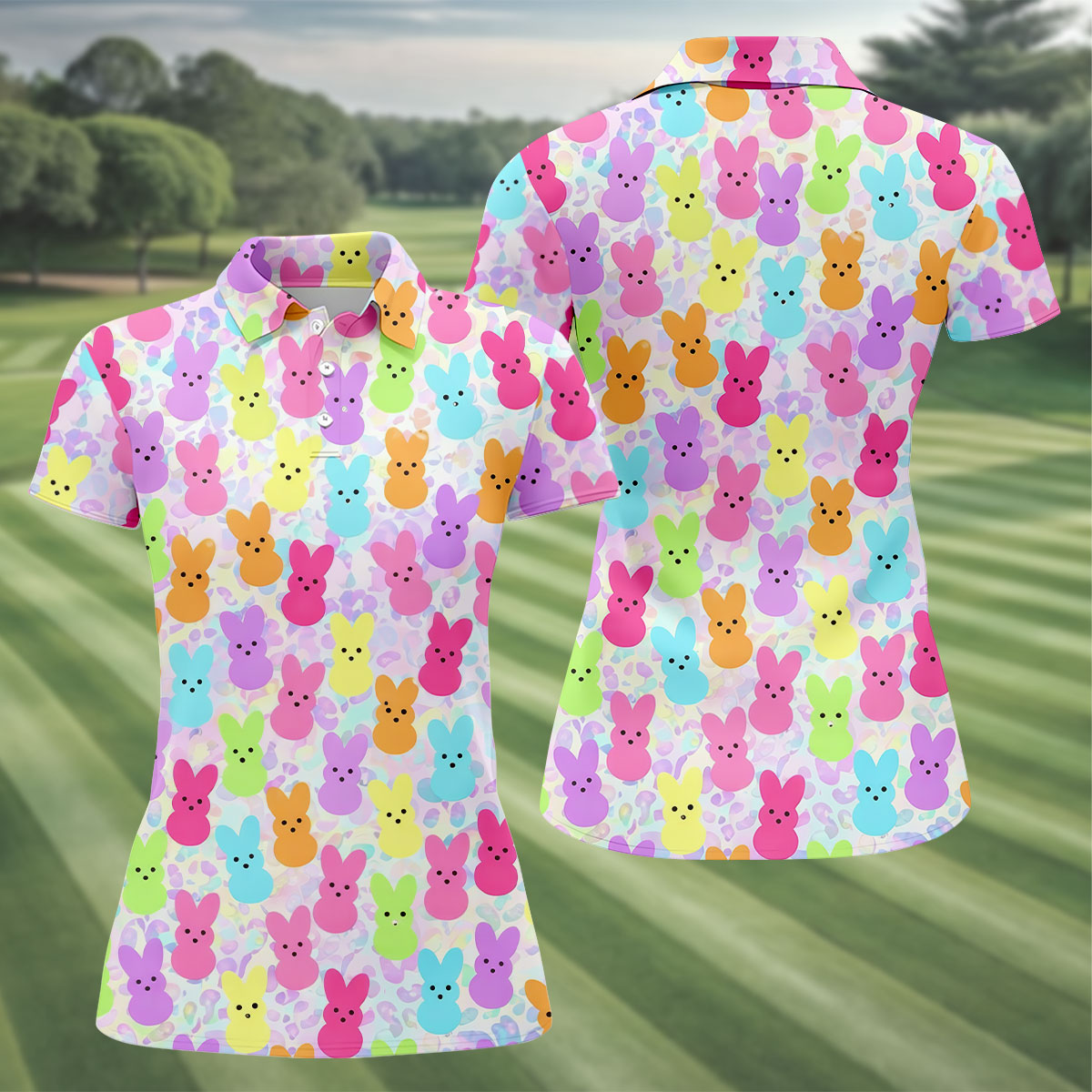 Pastel Easter Peeps Women Golf Top, Cute Golf Outfit, Fun Women's Golf Shirts, Ladies Golf Shirts