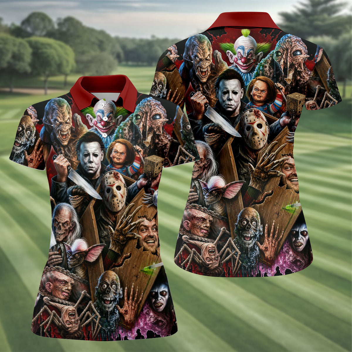 Classic Horror Character Halloween Golf Shirt, Women's Golf Apparel, Printed Golf Shirt