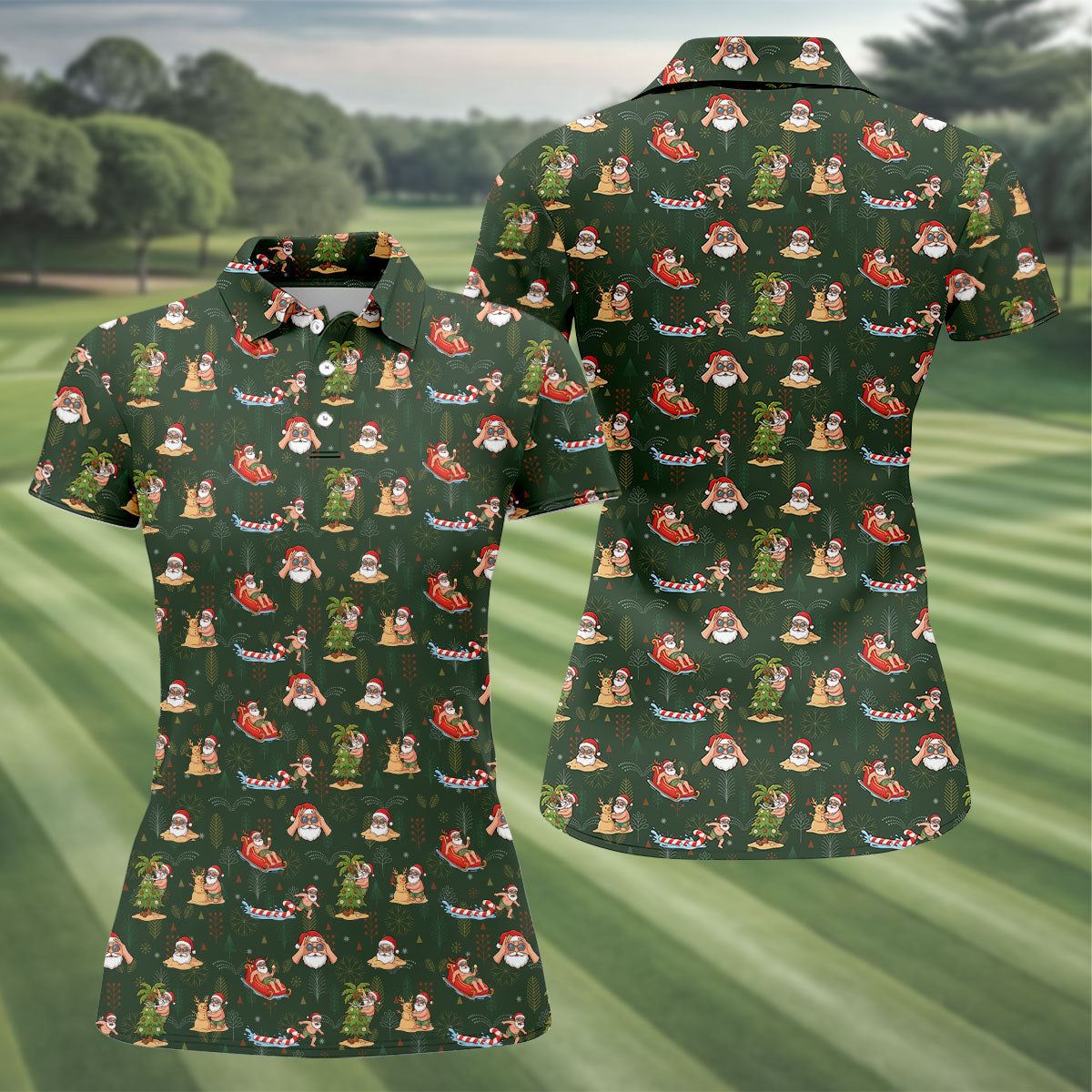 Funny Santa Summer Christmas Pattern Polo Shirt, Womens Golf Polo, Golf Shirts For Women