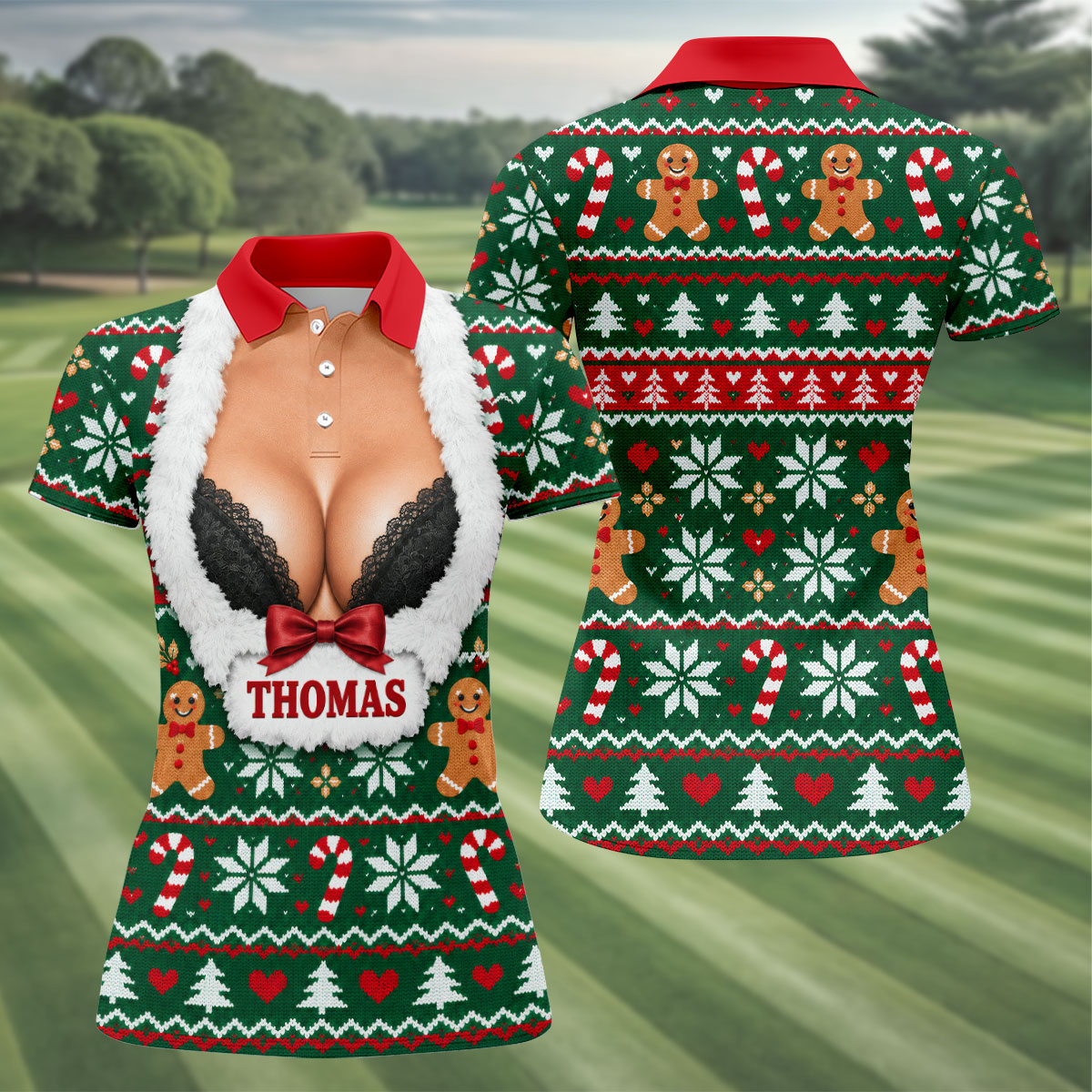 Custom Name Sexy Cleavage Christmas Golf Shirt, Womens Golf Tops, Ladies Golf Shirts