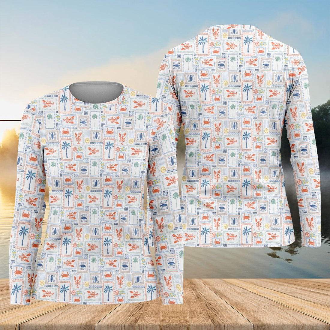 Seafood Patchwork Pattern Tropical Theme Fishing UPF Shirts, Fishing Shirt For Women