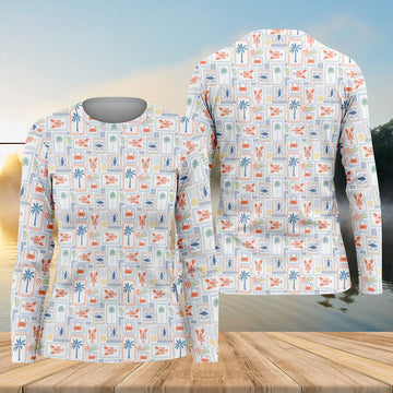 Seafood Patchwork Pattern Tropical Theme Fishing UPF Shirts, Fishing Shirt For Women