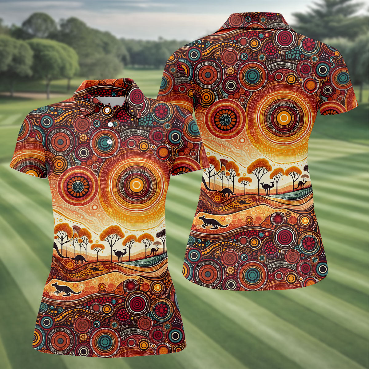 Australian Aboriginal Colourful Art Women's Golf Tops, Australia Kangaroo Ladies Golf Shirts