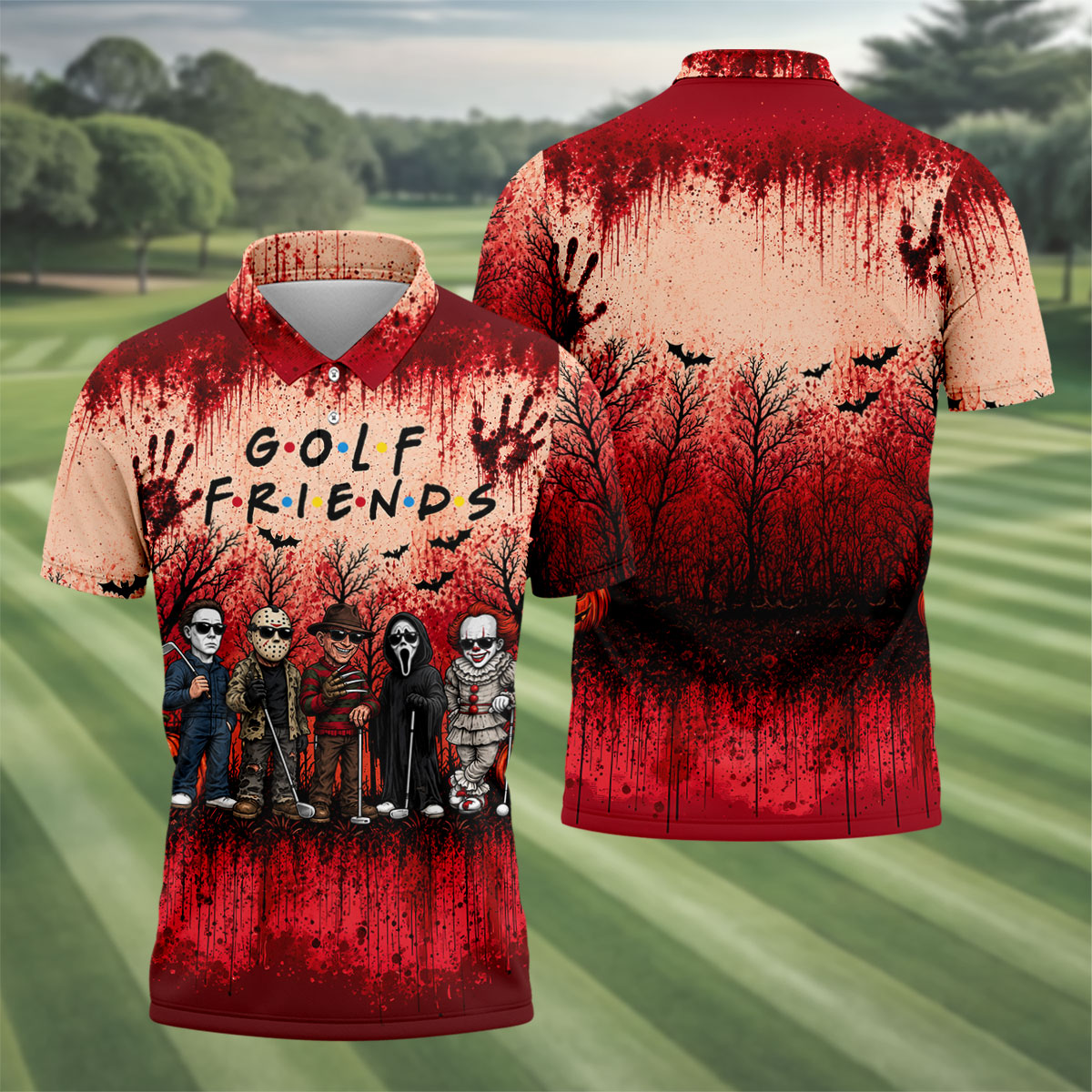 Golf Friends Halloween Horror Character Group Polo Shirt, Mens Golf Polo, Golf Apparel