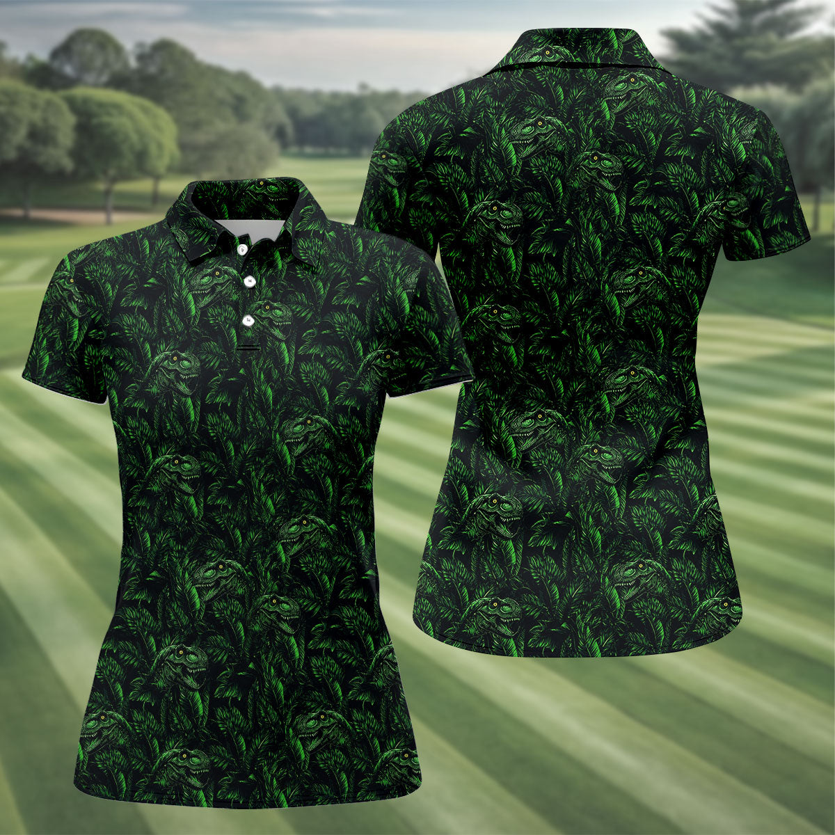 Dinosaurs In The Forest Deep Forest Green Hawaiian Golf Shirt, Women's Polo Shirt