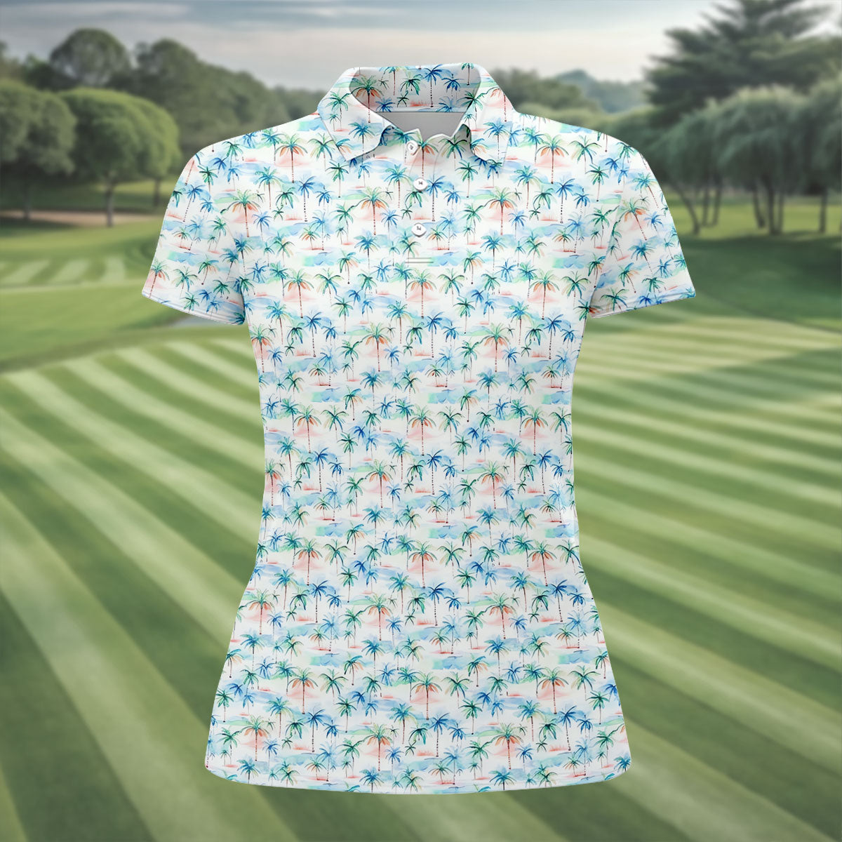 Watercolor Palm Tree Hawaiian Golf Shirt, Summer Vibe Women's Golf Tops, Ladies Golf Shirts