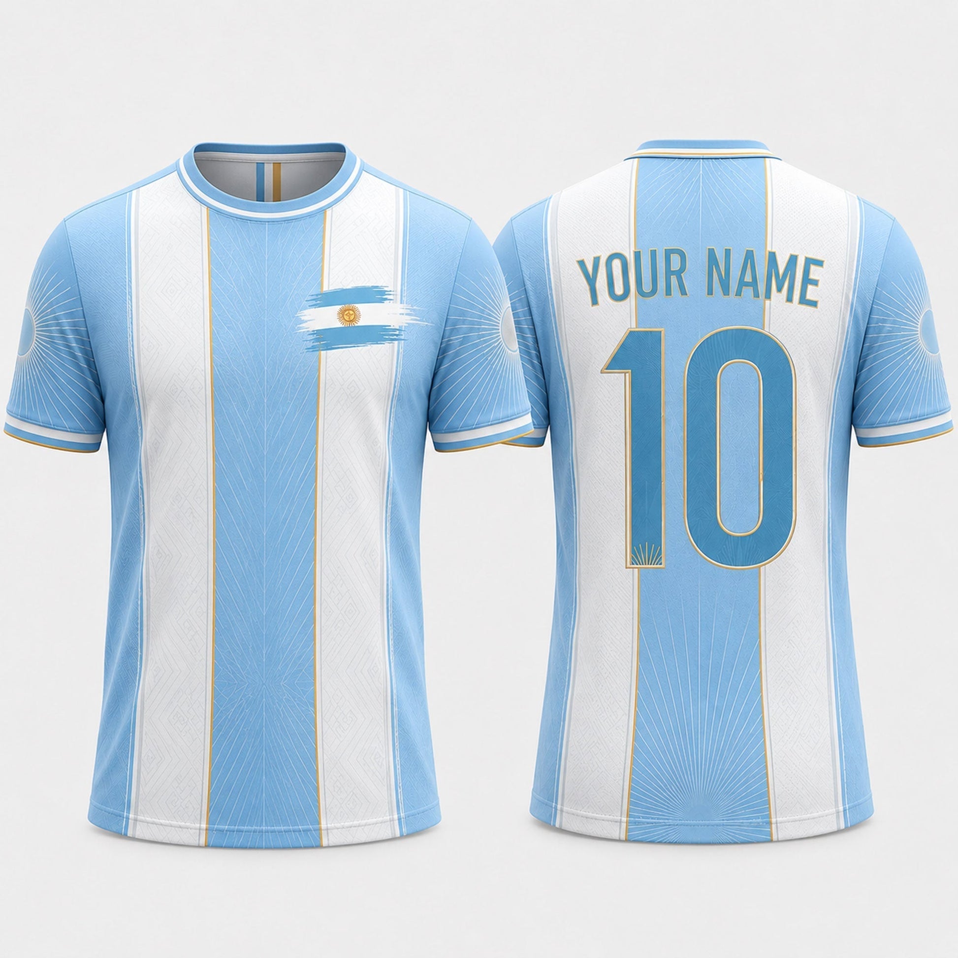 Argentinian Flag Sun Fooball Shirt, White Blue Stripes V-Neck For Men, Father's Day Presents