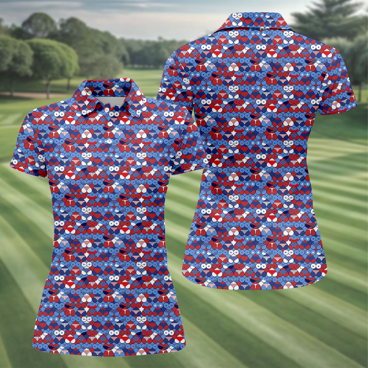 Red Blue White Naughty Fun Patriotic Golf Shirt, 250th Anniversary Fun Women's Golf Shirts, Ladies Golf Polos
