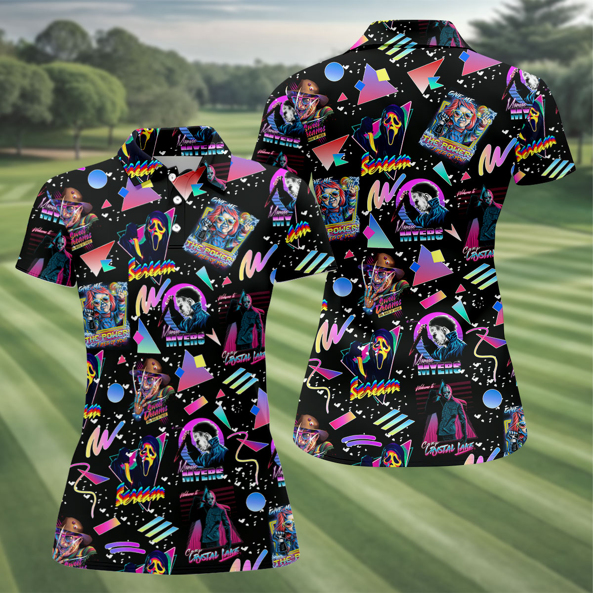 Retro Neon Horror Character Halloween Golf Shirt, Women's Golf Apparel, Printed Golf Shirt