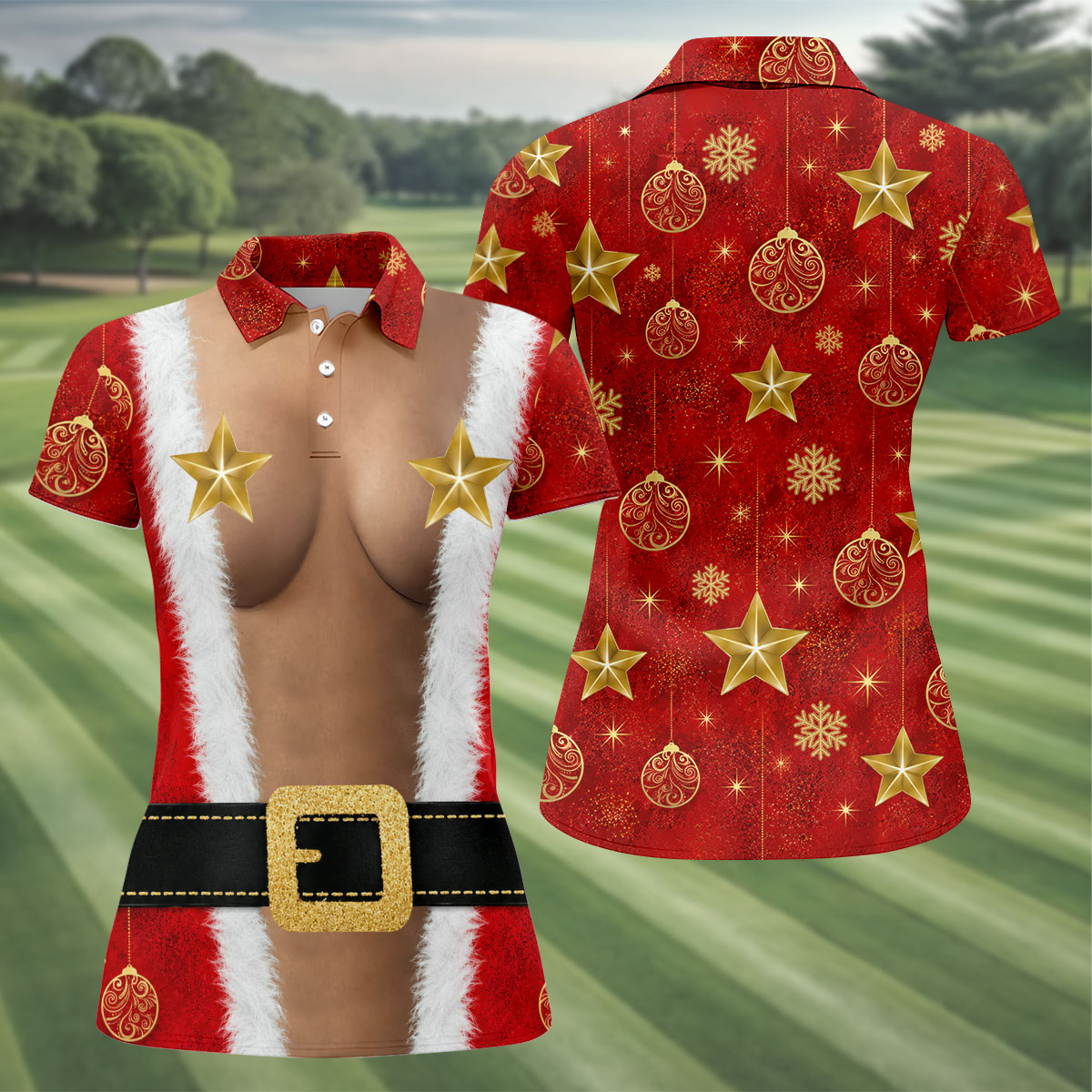 Christmas Santa Suit Gold Stars Polo Shirt, Women’s Golf Polo, Golf Tops For Women