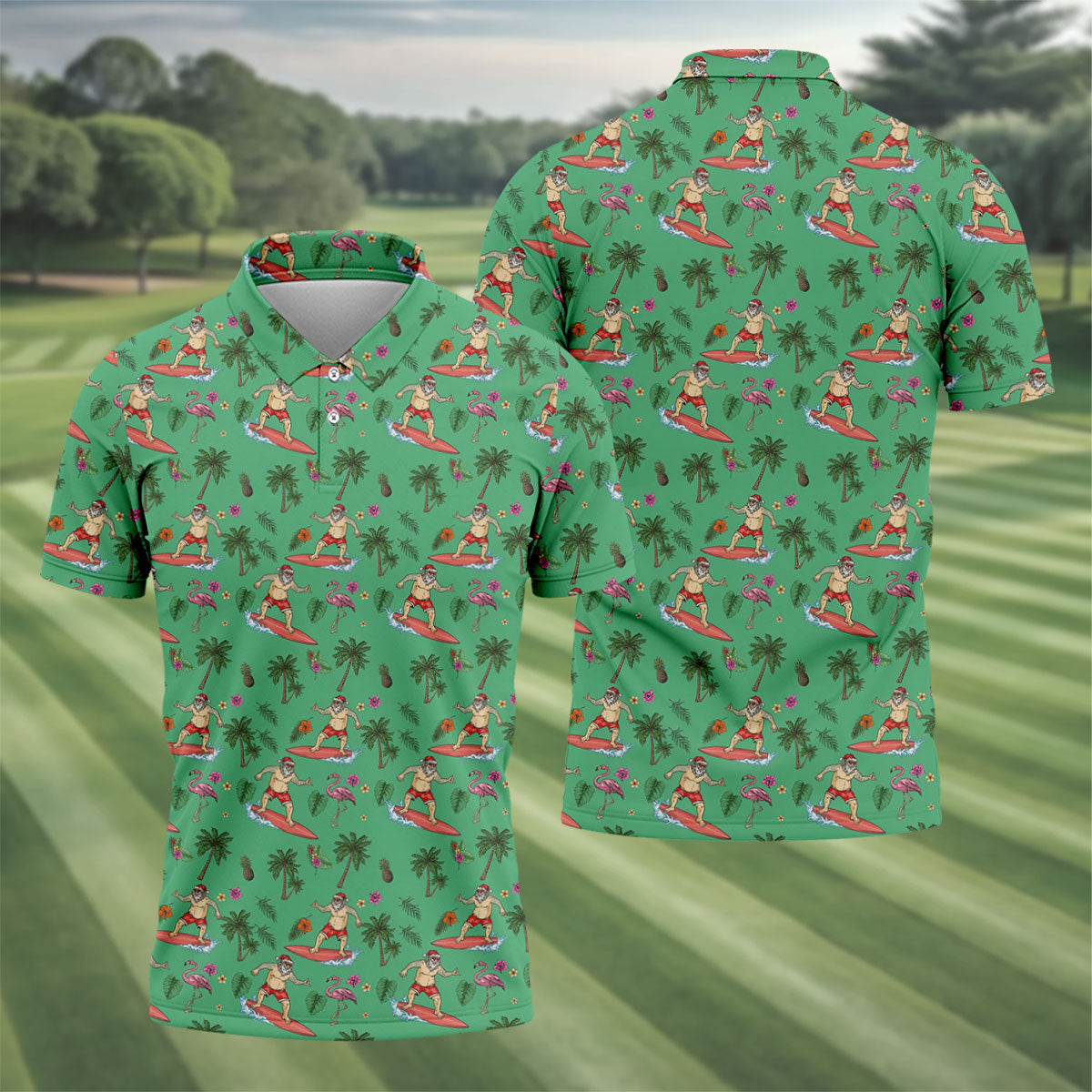 Santa Surfing Flamingo Tropical Golf Shirt, Christmas Golf Shirt, Golf Apparel For Men