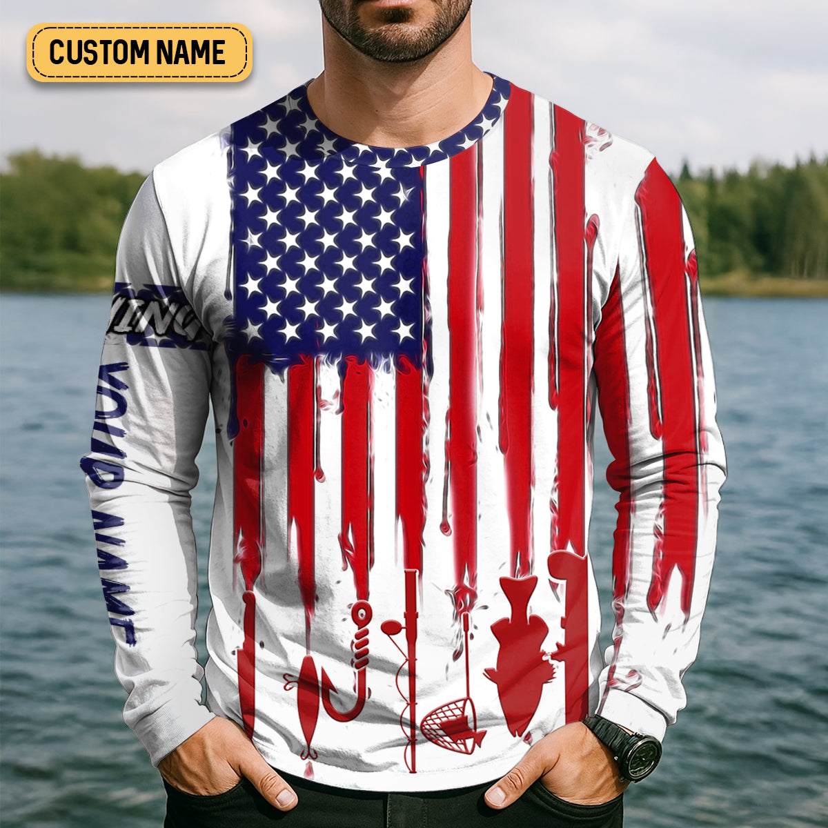 American Hooker Hooded UPF Shirt, American Flag Fish Shirt, Long Sleeve Fishing Shirts, Mens Casual Shirts