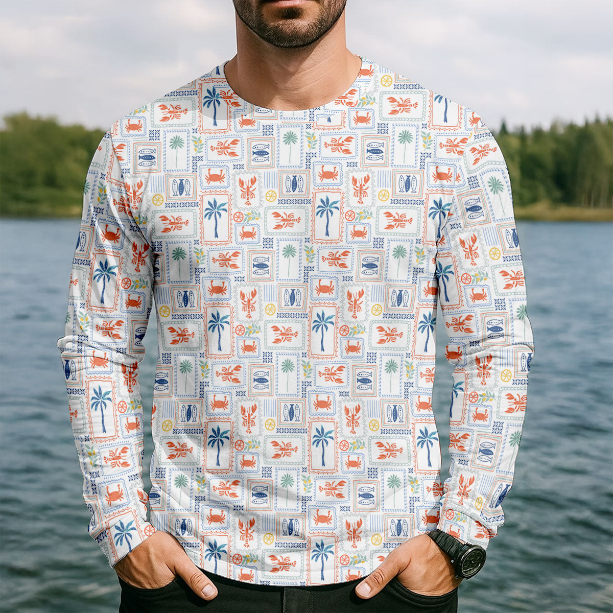 Seafood Patchwork Pattern Tropical Theme Fishing UPF Shirts, Fishing Shirts For Men