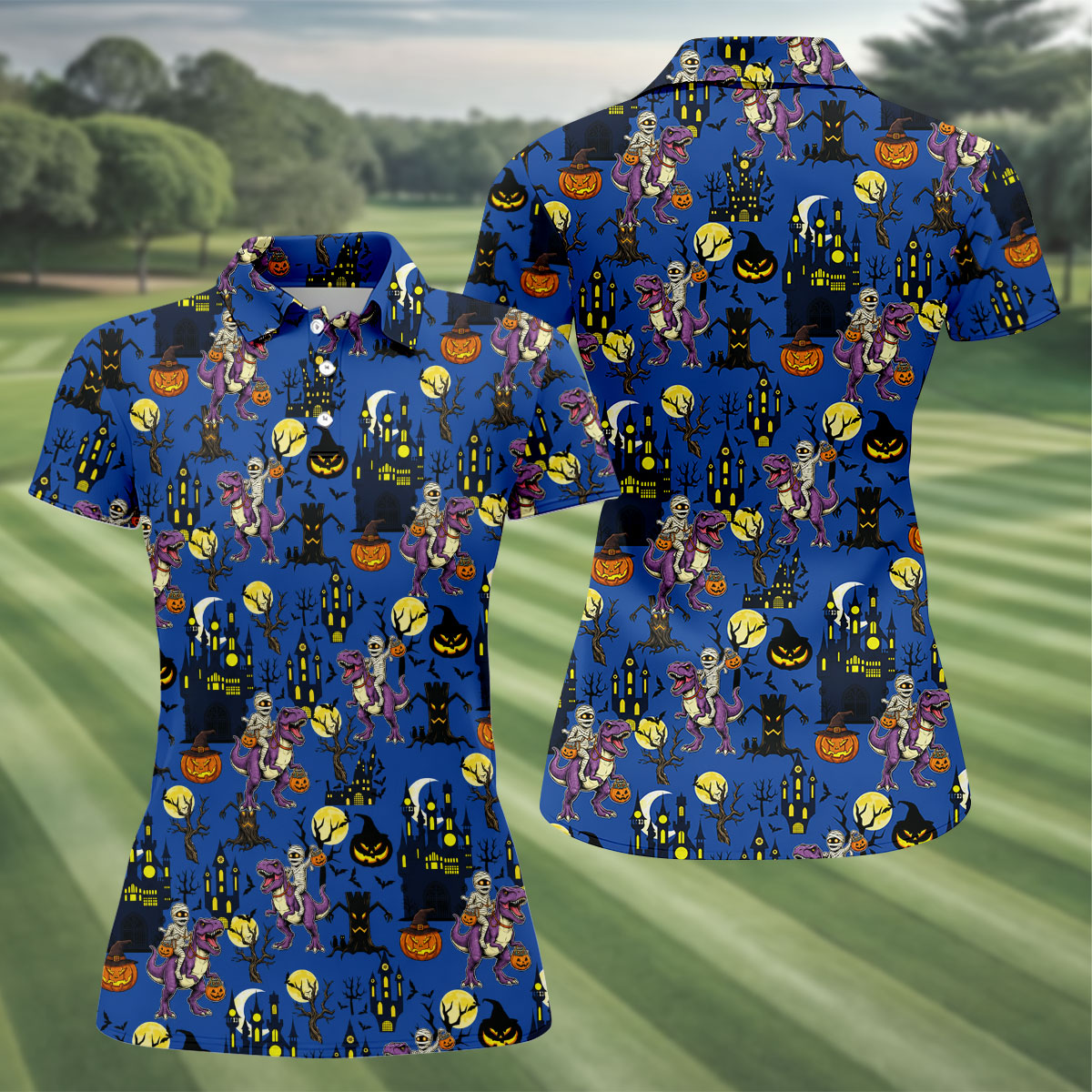 Dinosaur Mummy Pumpkin Halloween Polo Shirt, Golf Shirts For Women, Women’s Golf Apparel