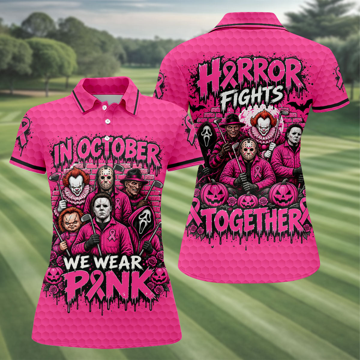 Horror Fights Together Pink Ribbon Polo Shirt, Golf Tops For Women, Women’s Golf Apparel