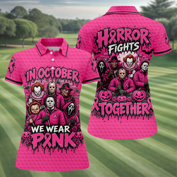 Horror Fights Together Pink Ribbon Polo Shirt, Golf Tops For Women, Women’s Golf Apparel