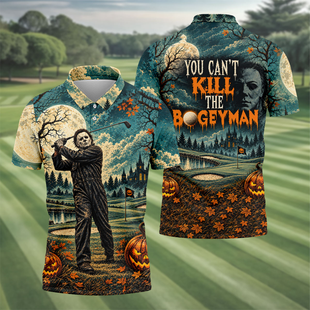 Halloween Can't Kill Bogeyman Horror Character Polo Shirt, Mens Golf Shirts, Golf Apparel