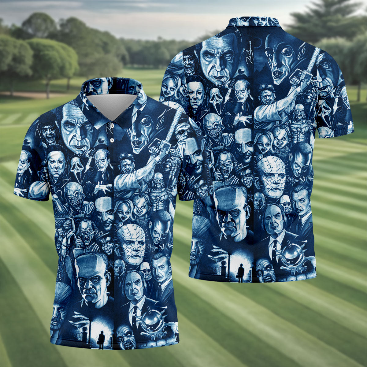 Horror Character Collage Halloween Polo Shirt, Printed Golf Shirts, Golf Apparel For Men