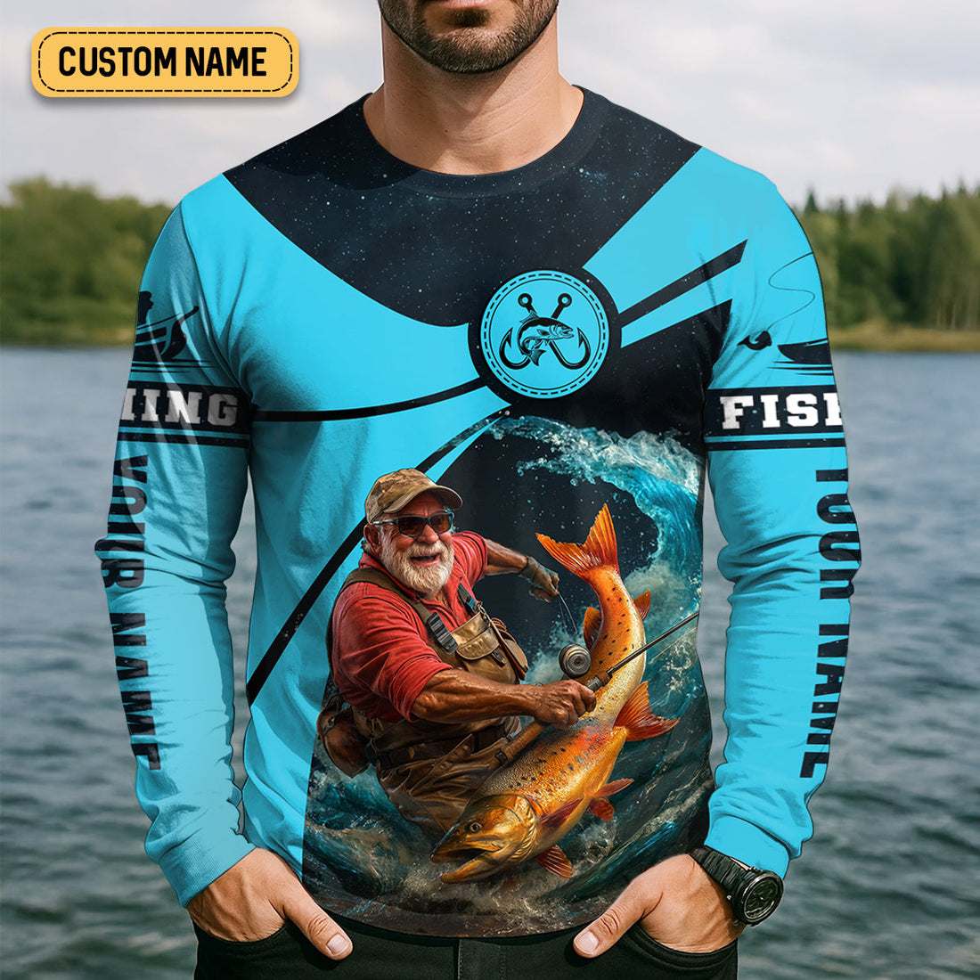 Never Underestimate An Old Man With A Fishing Rod Custom Name UPF Shirts, Men's Fishing Shirt