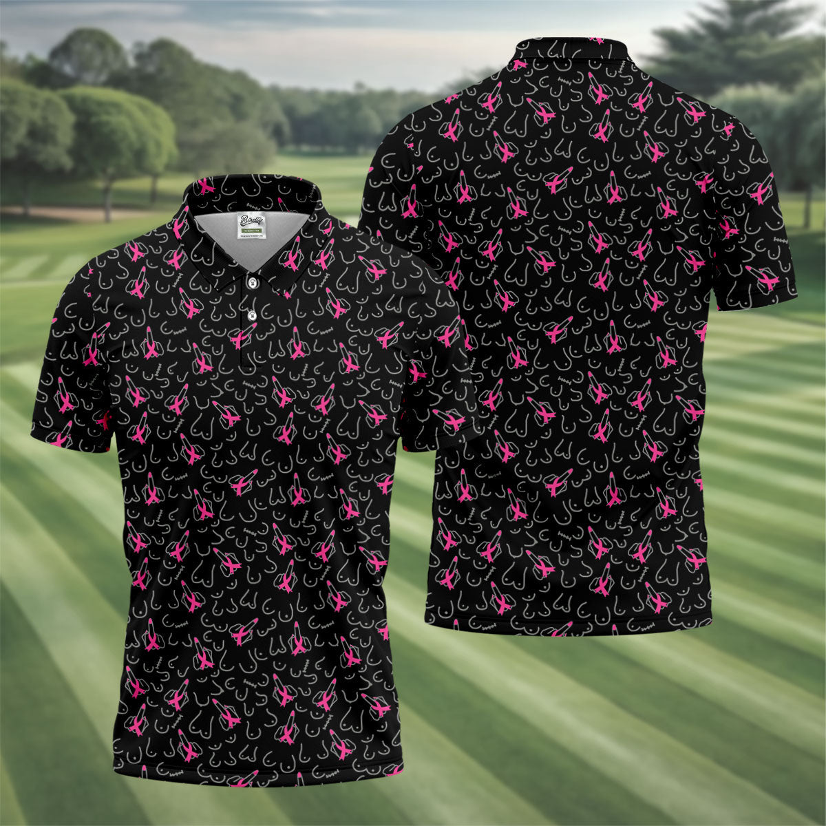 Breast Cancer Ribbon Middle Finger Polo Shirt, Mens Polo Shirts, Men's Golf Shirt
