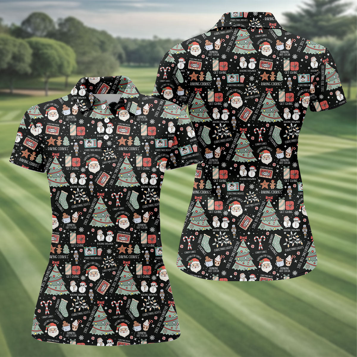 Cute Santa Claus Gift Black Women's Golf Tops, Christmas Golf Shirt, Golf Gift For Ladies