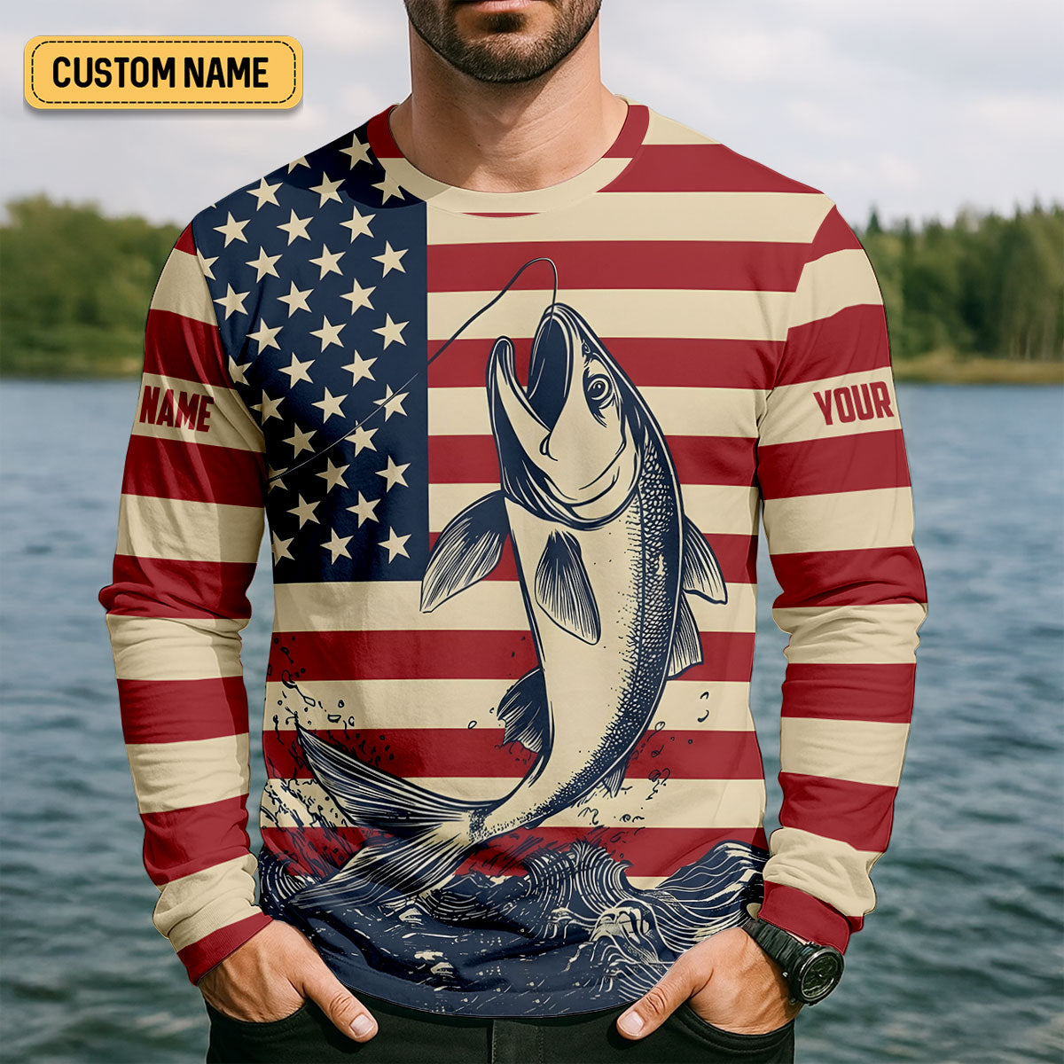 Personalized American Flag Fishing Shirt, Patriotic Bass Long Sleeve UPF For Men