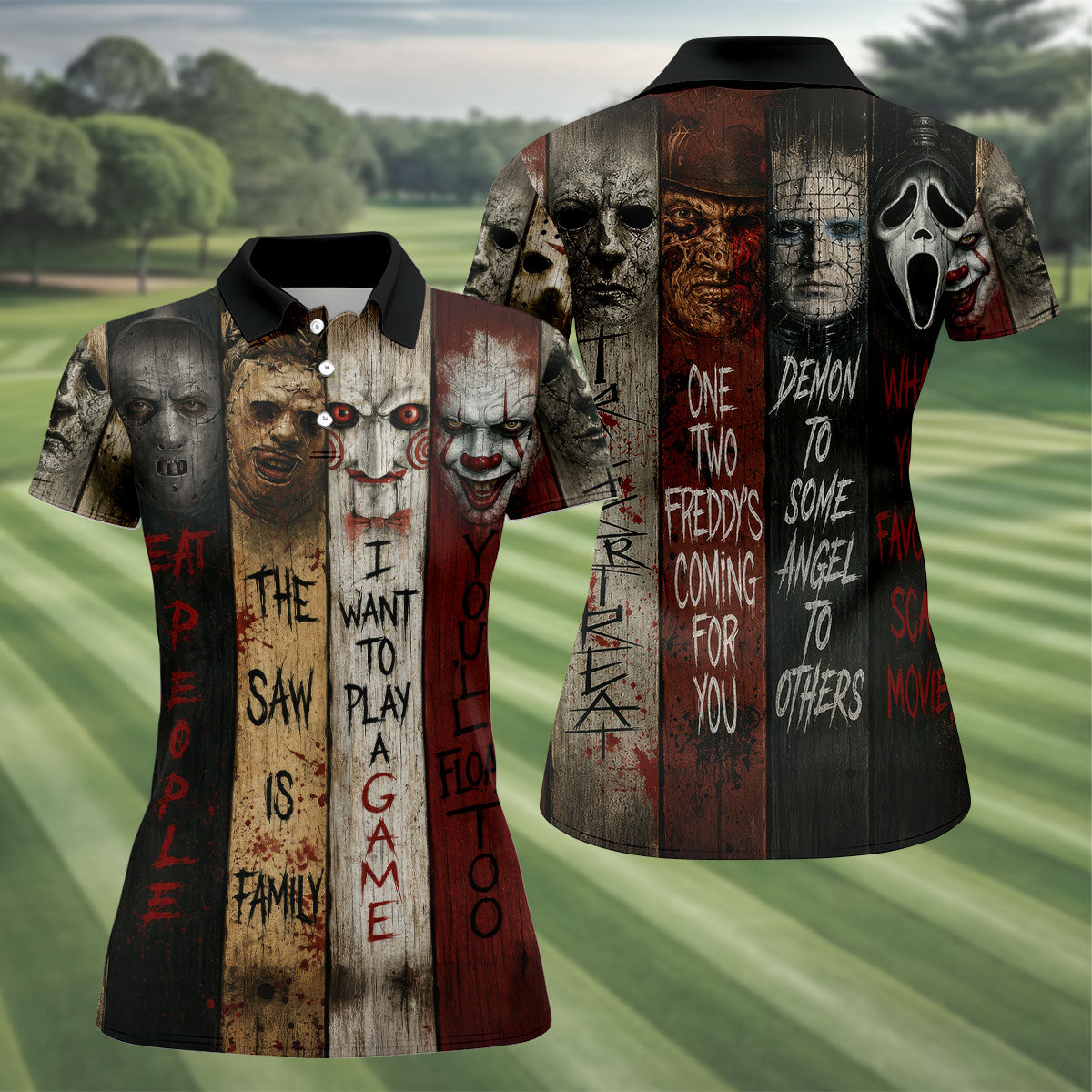 Vintage Wood Panel Horror Character Halloween Golf Shirt, Women's Golf Apparel, Printed Golf Shirt