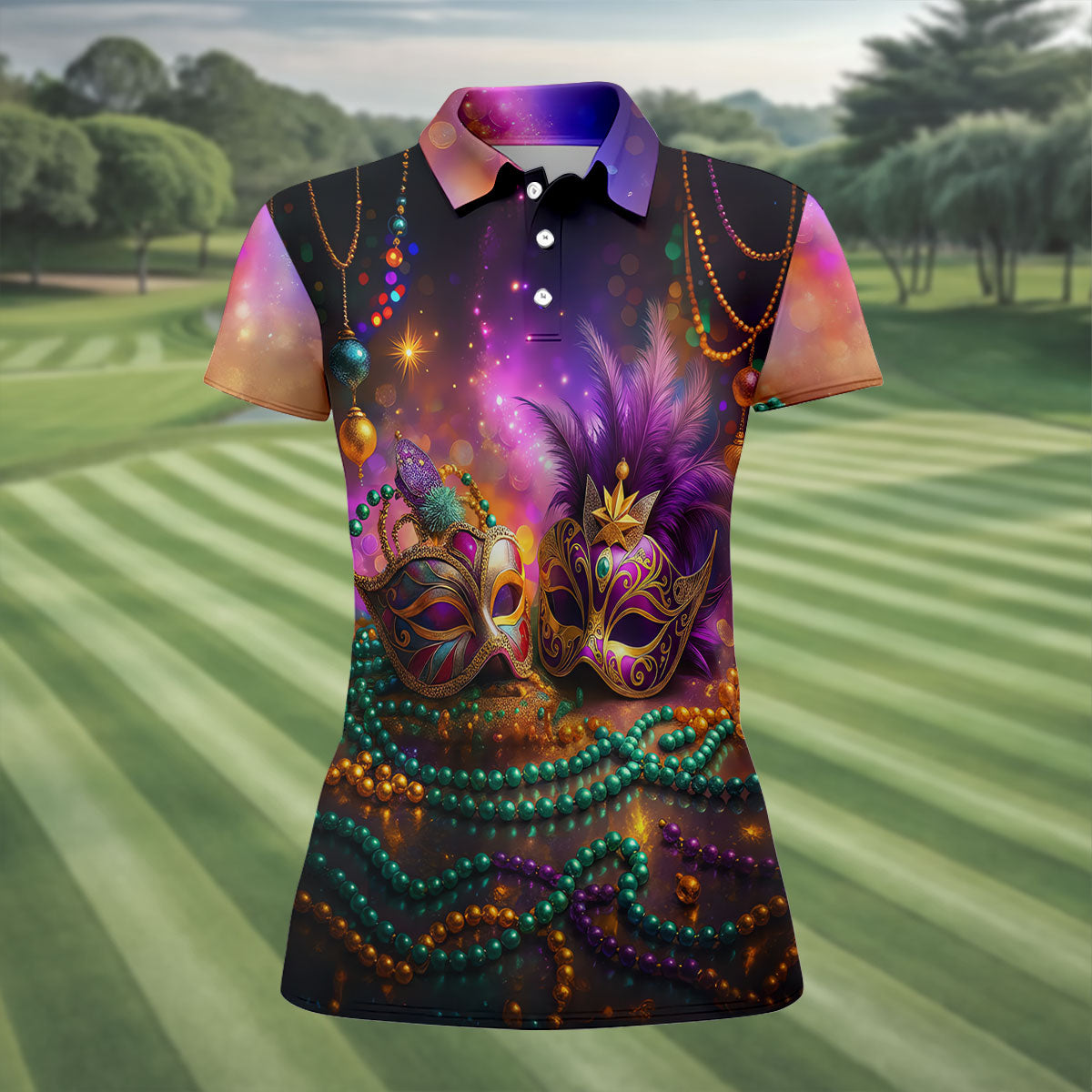 Carnival Mask Beads Chain Bokeh Effect Mardi Gras Golf Shirt, Women's Golf Tops, Ladies Golf Polos