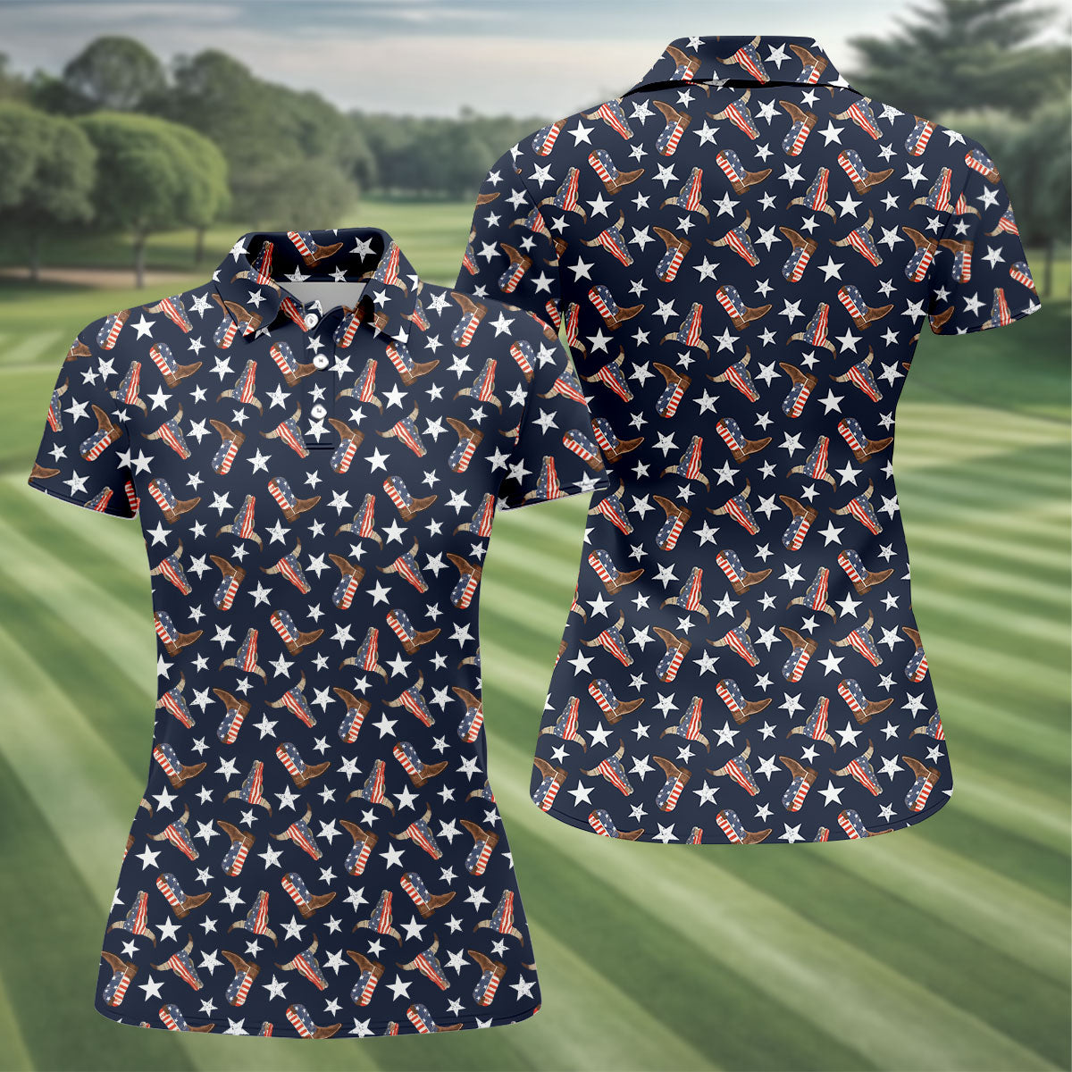 Patriotic Cowboy Boots Stars Pattern 4th Of July Golf Shirt, 250th Anniversary Golf Shirt For Women