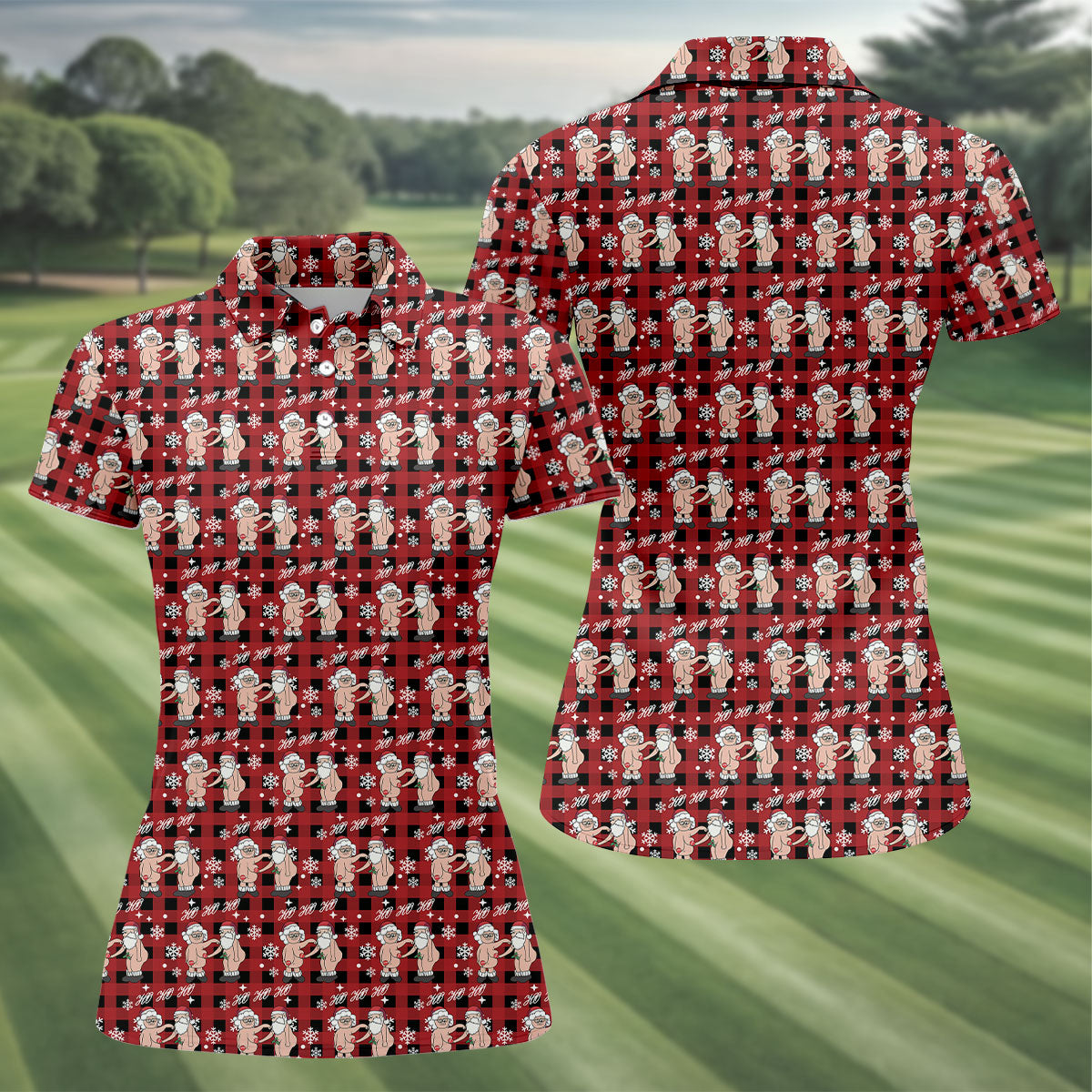 Ho Ho Ho Naughty Couple Funny Santa Christmas Golf Shirt, Fun Women's Golf Shirts, Ladies Golf Polos