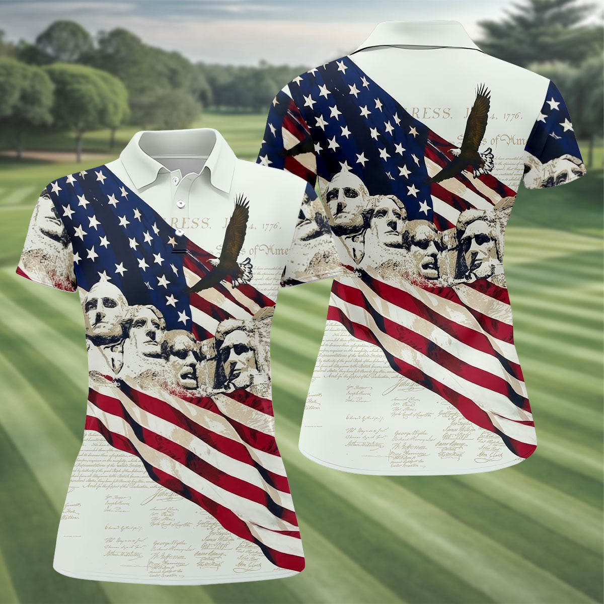 Mount Rushmore American Flag Pattern 4th Of July Patriotic Golf Shirt, 250th Anniversary Women's Golf Tops